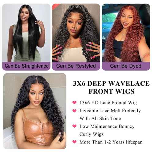 HD Transparent Lace Frontal Wigs Human Hair Deep Wave Wig 13x6 Lace Front Wigs Human Hair Pre Plucked 180 Density Curly Wigs for Black Women Natural Hairline Natural Color 24 Inch