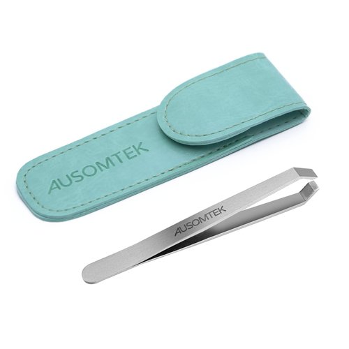 Ausomtek Beard Tweezers, White Hair Plucking Tweezers, Stainless Steel, Fine Hair Removal Tweezers, Eyebrows Shaping Tool, 5mm Tip, Cyan PU Case 1Pack, Silver, 1.0 Count, (BRTW-SSS-96WDQP)