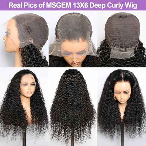MSGEM 13x6 HD Lace Front Wigs Human Hair Deep Wave Lace Front Wigs 12A Human Hair Wigs for Women 180 Density 20 inch Curly Human Hair Wig Transparent Lace Frontal Wig Pre Plucked Natural Color
