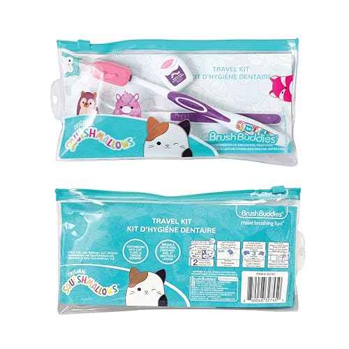 Brush Buddies Squishmallows Toothbrush Travel Kit, Dental Kit with Toothbrush, Tongue Scraper, and Floss
