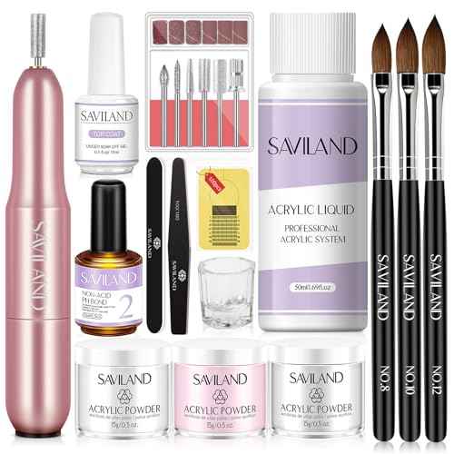 SAVILAND Essentials Acrylic Nail Kit with Drill: 15g White Pink Clear Acrylic Powder and Liquid, 100 Forms, Brushes, Primer, Top Gel & Tools ? Extension Nail Kit for Beginners with Everything Home Use