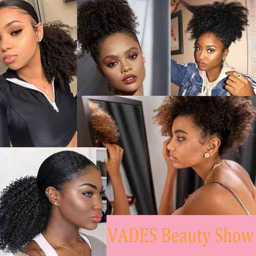 VADES Curly Drawstring Ponytail Human Hair Extension Kinky Curly Hair Ponytail 100% Human Hair Fake Ponytail Clip in Ponytail Wig#1 Jet Black 10 inch With 3 Stable Combs