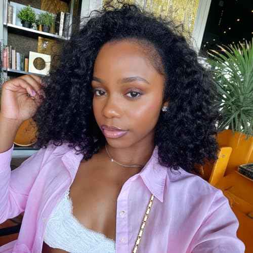 XSY Curly Half Wig Human Hair 12 Inch Deep Wave Half Wigs for Black Women 3 In 1 Beginner Friendly Glueless Wear and Go Half Curly Wig 180% Density Natural Black