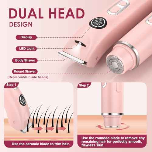 4-in-1 Bikini Trimmer for Women, Dual Head Electric Razors Shaver | Painless Bikini, Body & Facial Hair Remover | IPX7 Waterproof for Wet/Dry Use | Includes Nose & Eyebrow Trimmer Heads(Pink)