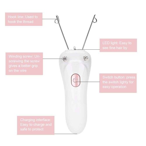 Threading Hair Removal, Hair Removal Device, Electric Threading Epilator USB Hair Remover for & Body Hair Removal with Cotton Thread Roll (Pinks)