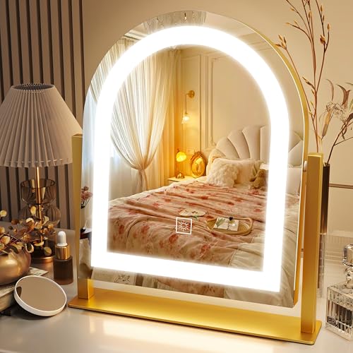 ROLOVE Lighted Makeup Mirror with 3-Color Dimmable Lighting, with Removable 10x Magnifier, Smart Touch Control, 360¡Æ Rotation, 15" x 13" Hollywood Vanity Mirror for Tabletop Desk (Gold)