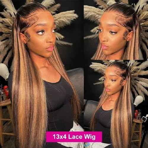 SIFULAN 13x4 Honey Blonde Lace Front Wig Human Hair 180 Density 26 Inch Highlight Ombre Straight HD Transparent Lace Pre Plucked Human Hair Wigs for Women P4/27 Color