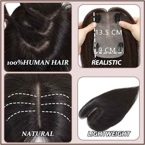 Hair Toppers for Women Real Human Hair, 360¡Æ 3D Human Hair Toppers for Women with Thinning Hair Upgrade Middle Part Clip in Bangs (Medium Brown, 14 Inch-3D-Side)