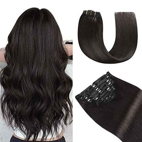 Yilite Clip in Hair Extensions - 20 Inch 120g 8pcs Real Human Hair Natural Silky Double Weft - Off Black