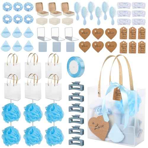 6 Sets Baby Shower Prizes for Game Winners Bath Sponges Heart Cork Coaster Headband Hair Brush Jewelry Box Compact Mirror Powder Puff Hair Tie Claw Gift Bag Bridal Shower