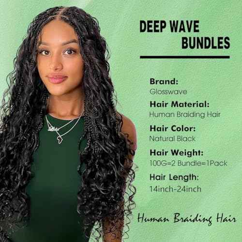 Human Braiding Hair for Boho Braids Human Hair Braid Hair 2 Bundles/Pack 100g 22 Inch Deep Wave Boho Hair Braid No Weft Curly Bulk Human Hair 12A Brazilian Virgin Hair Extensions Natural Color