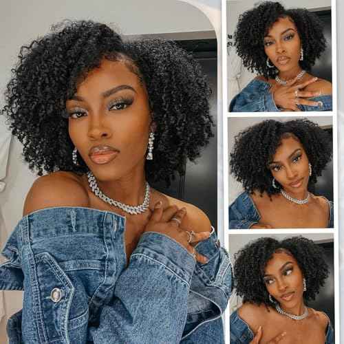 ZIYU Half Wig Human Hair - 200% Density 3 In 1 Seamless Flip Over Curly Half Wig Human Hair 14 inch Glueless Wear Go Beginner Friendly Kinky Curly Wig Drawstring Headband Wig for Women