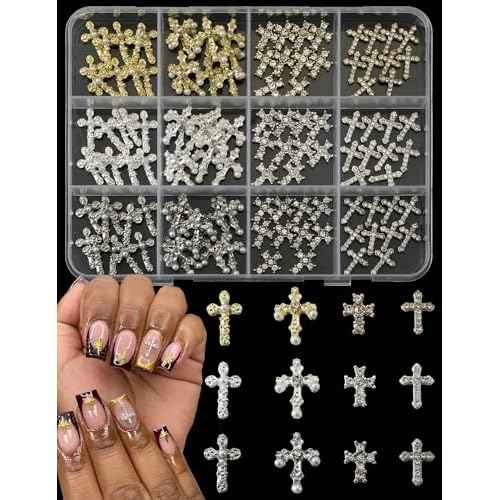 120 Pcs 3D Cross Nail Charms 12 Grids Metal Nail Art Charms White Gold Silver Gold Cross Charms for Nails