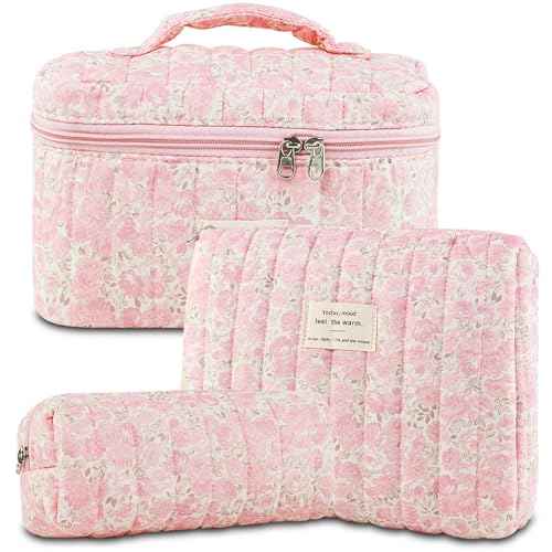 3Pcs Makeup Bag Cotton Quilted Travel Cosmetic Bag Cute Floral Makeup Pouch Large Toiletry Bag for Women Girls (Flowers-Pink3)