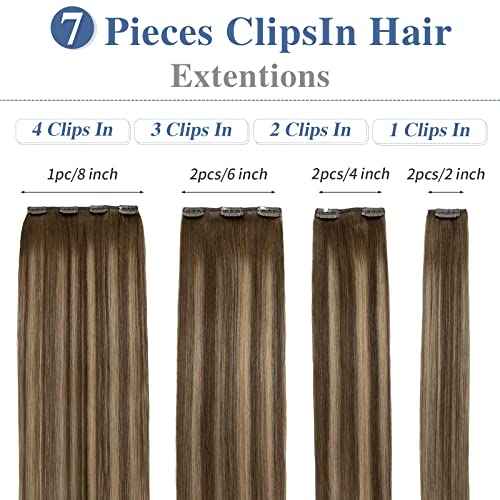 Clip in Hair Extensions Real Human Hair S-noilite #4T4P27 Chocolate Brown to Caramel Blonde Double Weft hair extensions 20 Inch Clip in Real Human Hair for Women Balayage Straight 7PCS 125g