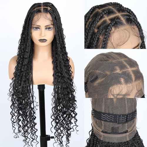 36 inch Knotless Boho Box Braid Wigs, 360 Single Full Lace Braided Curly Wigs for Black Women, Synthetic Black Braided Lace Wig