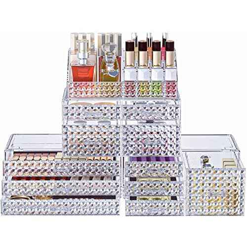 Awenia 4 Pack Stackable Makeup Organizer[Upgraded],Acrylic Cosmetics Storage Large Capacity with 11 Drawers For Brush Holder,Perfume or Jewelry Display,Plus Size| Ship from USA(Clear)