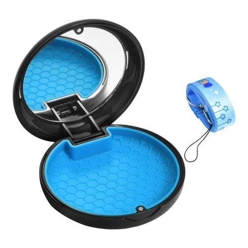 Maobuli Retainer Holder with Lanyard & Mirror, Night Guard Container with Vent Holes, Partial Denture Box for Purse, Portable Aligner Case Compatible with Invisalign (Black Blue)