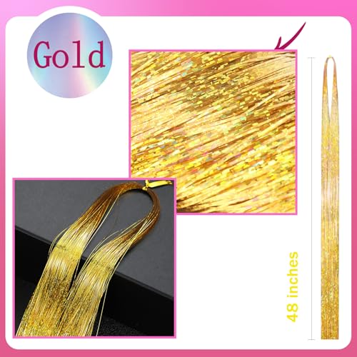 NIACONN Glitter Hair Tinsel Extensions Kit Gold with Tools and Beads, 48 Inch Sparkly Fairy Colorful Tensile Strands Shiny Hair Accessories for Women Girls Kids