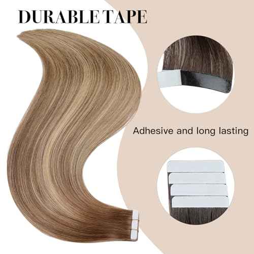 Tape in Hair Extensions £¬Real Human Hair Extension,Bleach and Caramel Blonde Human Hair 22 inch 20pcs 50g,Thick Ends Straight Seamless, Invisible Tape in Hair Extensions Human Hair