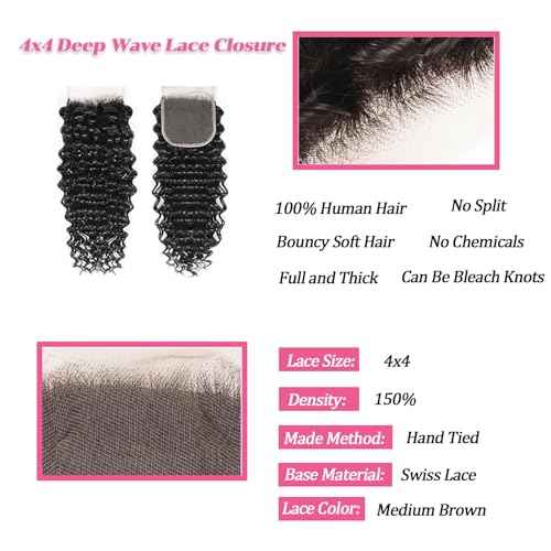 Deep Wave Human Hair Bundles with Closure 20 22 24 with 20inch Unprocessed 10A Deep Wave Bundles Human Hair with 4x4 Lace Closure Natural Color Curly Bundles Human Hair