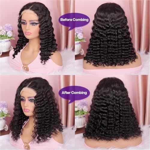 Curly BOB Wig Human Hair 200 Density 5x5 HD Lace Closure Deep Wave Wigs for Black Women Glueless Wear and Go Pre Plucked Deep Wave Wet and Wavy Glueless Wigs Human Hair Natural Black 14 Inch