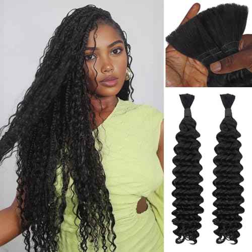 IDN BEAUTY Pre Divided Human Braiding for Boho Braids Hair Extensions, 22 Inch 100g Natrual Black Deep Wave Human Hair for Braiding Bohemian No Weft 12A Virgin Brazilian Wet and Wavy
