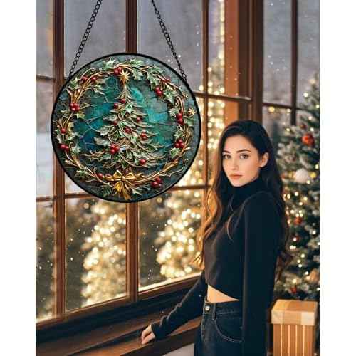 Stained Glass Window Hangings - Red Gold Green Wreath Suncatcher for Door Home Christmas Tree Decoration Sun Catcher Thanksgiving New Year Birthday Gift for Women Men Mom Grandma 6.3 in