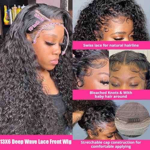 JTMMP 13x6 Deep Wave Lace Front Wigs Human Hair 200% Density 26 Inch Curly Human Hair Wig for Women Natural Black HD Transparent Lace Glueless Frontal Wigs Human Hair Pre Plucked