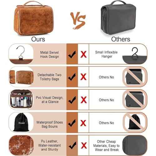 Elviros Hanging Toiletry Bag for Men Travel Essentials 3-in-1 Large Waterproof Dopp Kit PU Leather Shaving Bag with Separate Compartments for Grooming and Toiletries Mens Gift
