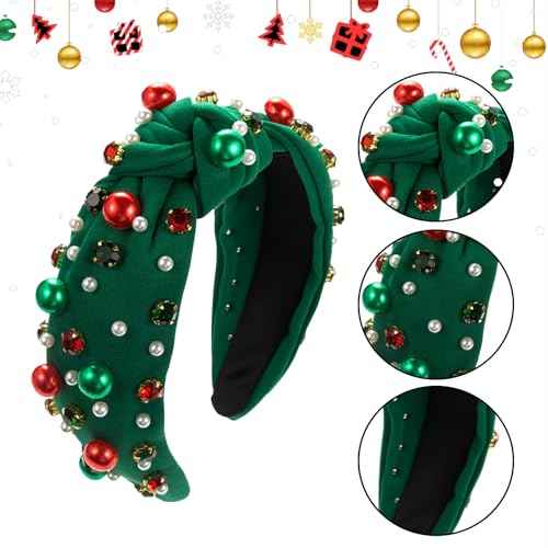 Sokfone Women's Christmas Headband Pearl Knotted Headband Christmas Red and Green Pearl Rhinestone Crystal Gem Hairband Top Knot Holiday Hair Accessories Holiday Costume Gift (Green)