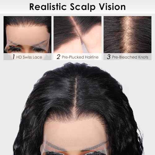 13x4 HD Transparent Lace Front Wigs Human Hair Pre Plucked Hairline with Baby Hair 200 Density Brazilian Water Wave Wigs for Black Women(20 Inch)