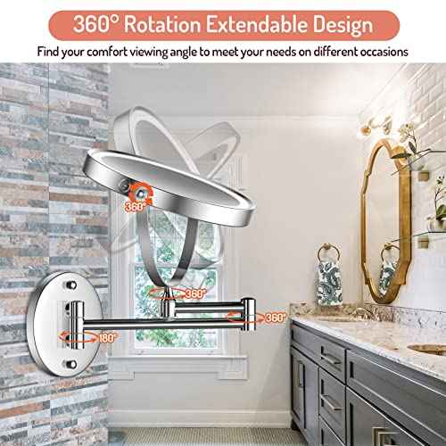 Rocollos Rechargeable Wall Mounted Lighted Makeup Mirror, 8 Inch Double-Sided LED Vanity Mirror 1X/7X Magnification,3 Color Lights Touch Screen Dimmable 360¡ÆSwivel 13 Inch Extendable