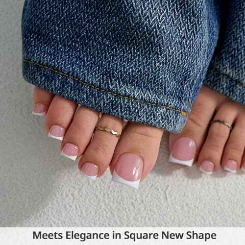 BTArtbox Press On Toenails - Lamp-Curable Real Square Toe Nail Press Ons with Glue for Women, Semi-Transparent French Tip Fake Toe Nail Tips in 15 Sizes - 30 Toenails Kit, Ma'am