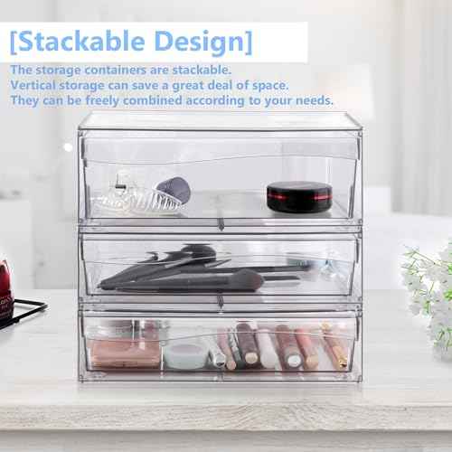 Homeanda 4 Pack Clear Stackable Storage Drawers, 12.1''W Acrylic Plastic Organizers for Makeup, Nail Polish, Snacks, Beauty Supplies, Ideal for Vanity, Bathroom, Undersink, Cabinet, Desk Organization