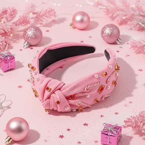 PANTIDE Christmas Jeweled Knotted Headband - Xmas Candy Cane Rhinestone Crystal Pearl Embellished Headband None Slip Wide Top Knot Fashion Hairband Hair Accessories Birthday Gift for Women Girl (Pink)