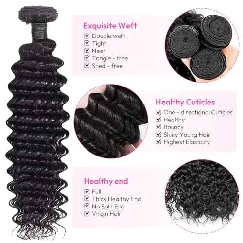 Bundles Human Hair Deep Wave 16 18 20 Inch 12A Deep Curly Bundles Human Hair Extensions 100% Unprocessed 3 Bundle Brazilian Virgin Human Hair Extensions Wet and Wavy Double Weft Bundles Natural