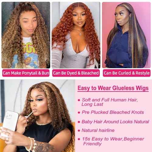 FIRIEYA 4/27 Highlight Lace Front Wigs Human Hair Pre Plucked 180 Density 4X4 Ombre Honey Blonde Deep Wave Lace Closure Wigs for Women 22 Inch