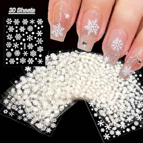 30 Sheets White Snowflake Nail Art Stickers 3D Christmas Decals - Snowman, Elk, Snow Winter Xmas Supplies for Women