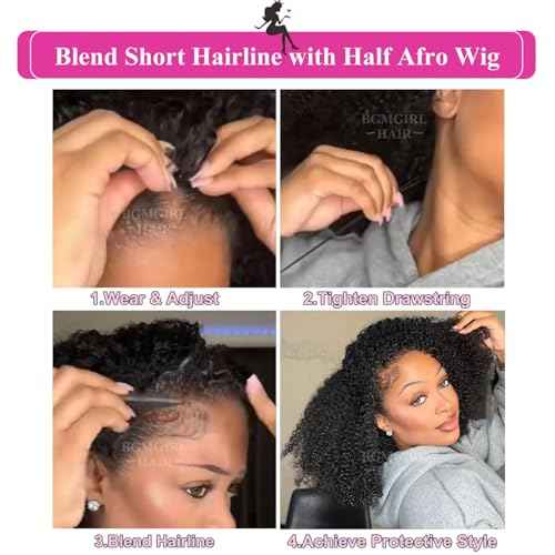 BGM GIRL Half Wig Human Hair Kinky Curly 3 in 1 Wigs Beginner Friendly Flip Over Drawstring Glueless Wig Kinky Curly Ready to Go Seamless Clip in Wigs Natural Black Color 18 Inch