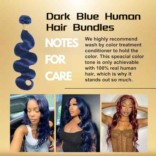 Dark Blue Body Wave Human Hair Bundles, Quick Weave Sew In Wavy 12A 100% Brazilian Virgin Hair, Soft Glossy Thick, Perfect for Quick Weave Sew-In Styles 3 Bundles 12 14 16 Inch