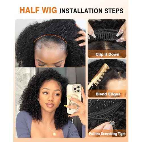 Kinky Curly Half Wig Human Hair 16Inch 250% Density 3 In 1 Seamless Flip Over Half Wigs for Women Wear and Go Glueless Headband Wig Human Hair Drawstring Beginner Friendly