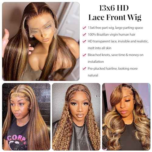 Balayage Highlights Lace Front Wig Human Hair Pre Plucked 24 Inch 13x6 HD Lace Frontal Wig Honey Blonde Highlight Outre Melted Hairline Lace Front Wig 150% Density Glusless Wigs Human Hair for Women