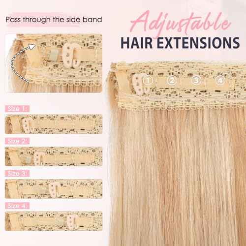 TESS Human Hair Extensions Halo Remy Hair 20 Inch Straight Adjustable Invisible Wire Easy to Use Clip in, Camel mixed Light gold