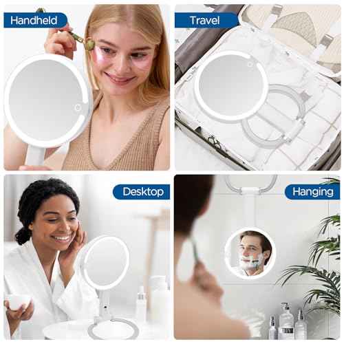 Magnifying Mirror with Light, Makeup Mirror with Lights and Adjustable Brightness, Hanging and Handheld Mirror with Handle, Travel Portable Lighted Makeup Mirror, 360¡ÆRotation, Memory Function 1X/10X