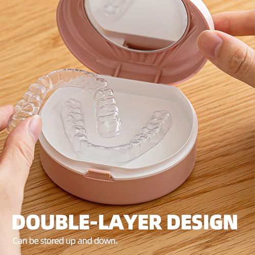 LCFALO Denture Case, Denture Case - With Mirror Convenient Denture Bath for Soaking and Cleaning for Full Dentures (pink)