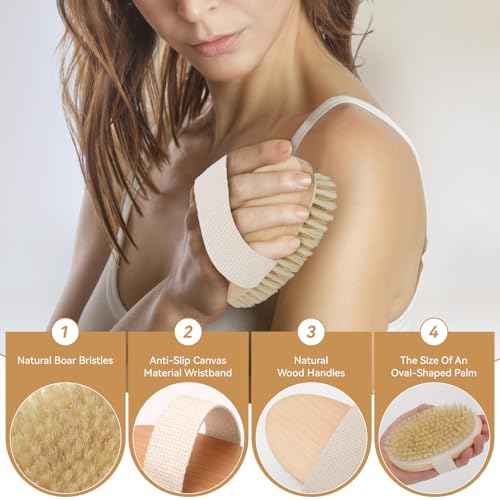 3-Pack Dry Body Brush with Massage Brush Exfoliating Dry Brushing Body Brush for Lymphatic Drainage, Natural Boar Bristle Dry Brush for Body Cellulite Improving Blood Circulation