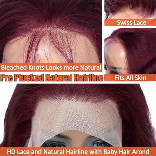 99j Burgundy Lace Front Wigs Human Hair Wigs for Black Women Human Hair Body Wave Wigs Glueless 13x6 Hd Lace Frontal Wig with Baby Hair 26 Inch