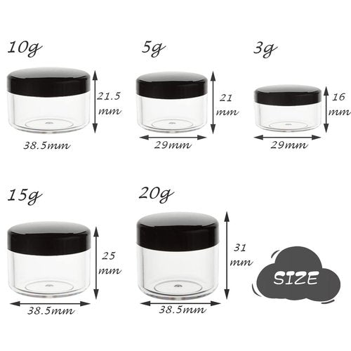 ZEJIA 10pcs Small Travel Containers, Black Sample Jars with Screw Lids, 5 Size 3/5/10/15/20 Gram, 12pcs Labels and 2pcs Mini Disposable Spatula, Makeup Sample Containers BPA Free