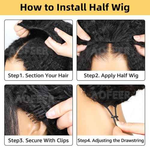 Kinky Straight 3 in 1 Half Wig Human Hair 200 Density Upgrade Headband Wig No Glue Seamless Flip Over Yaki Straight Wig with Drawstring Wear and Go Glueless Wigs for Women 18 Inch